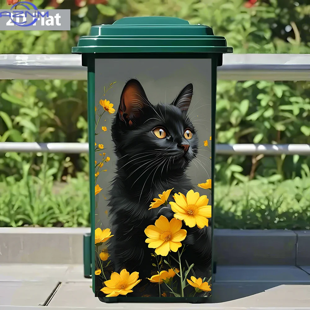 2D Flat Black Cat in Yellow Flowers Trash Can Sticker - Waterproof PVC, Adhesive & Removable - Great for Charming Home Accents