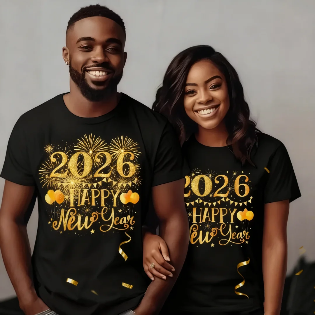 2026 سنة جديدة سعيدة تي شيرت مطبوع موضة جديدة قصيرة الأكمام الاتجاه الشارع الملابس اليومية عادية مستديرة الرقبة القمم مضحك زوجين تيز #2