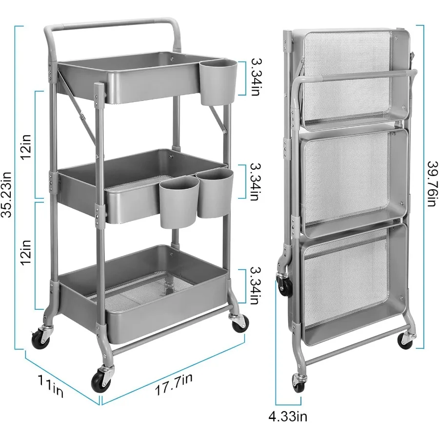 عربة دوارة معدنية قابلة للطي مكونة من 3 طبقات مع وحدة تخزين متعددة الوظائف وتصميم متنقل للمكتب المنزلي والمكتب والمطبخ والسرير