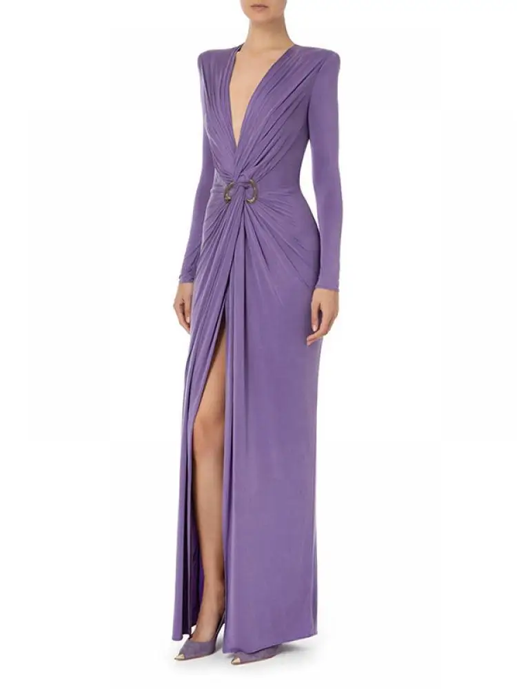 

Bohohipei Women Fashion Solid Colorsexy Deep V-Neck X-Shape Pleated Prom Gown 2024 New Spring Long Sleeves Cocktail Dresses