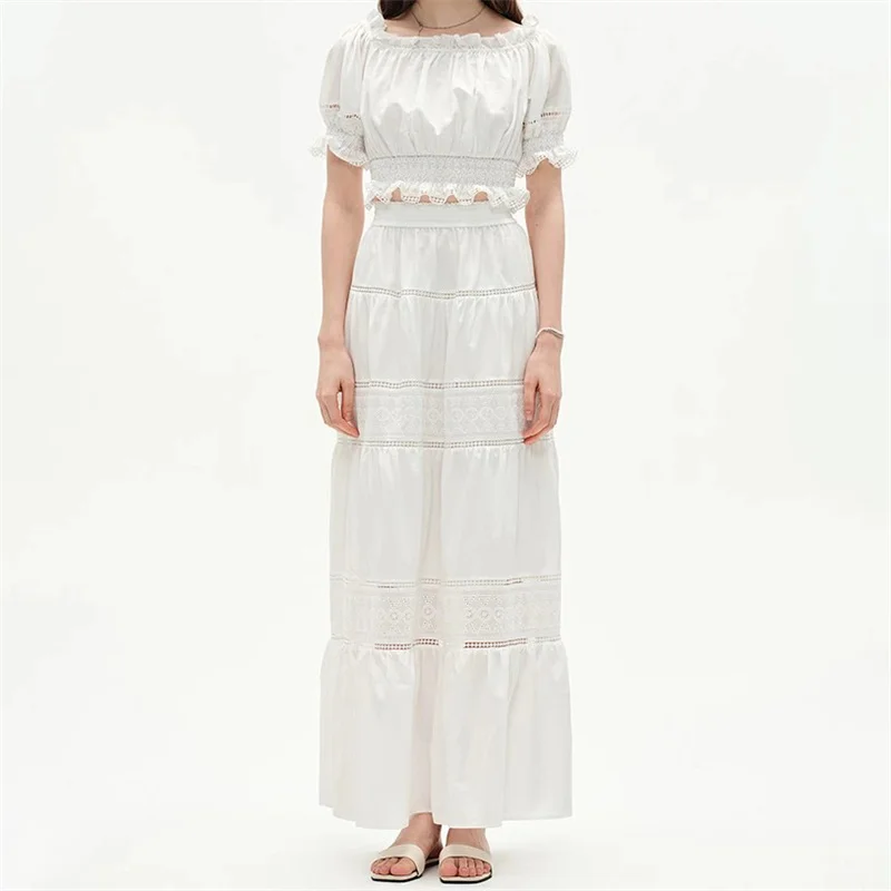 

Women's skirt New embroidered hollow out long skirt for summer 2025 Cotton blend elastic waist women's half skirt white skirt