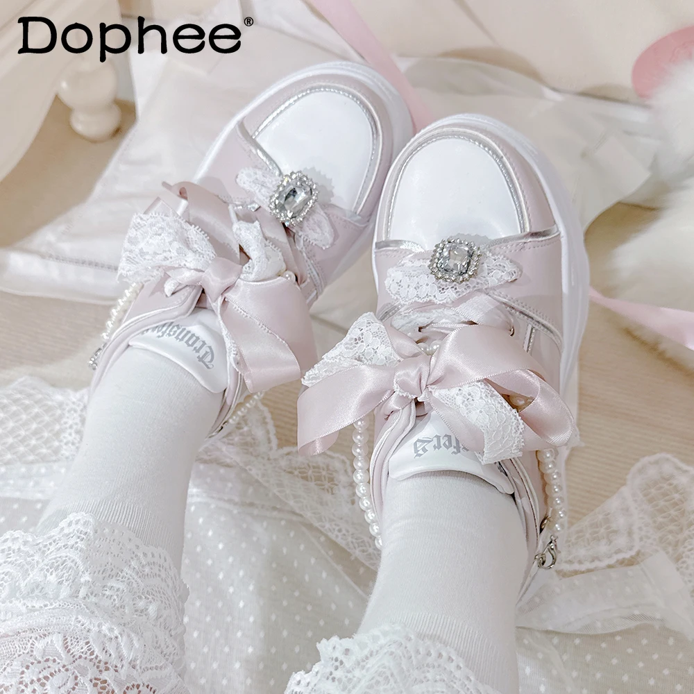 

Original Japanese Lolita Thick-Soled Platform Shoes with Bowknot and Rhinestones, Round-Toe JK Uniform Casual Versatile Sneakers