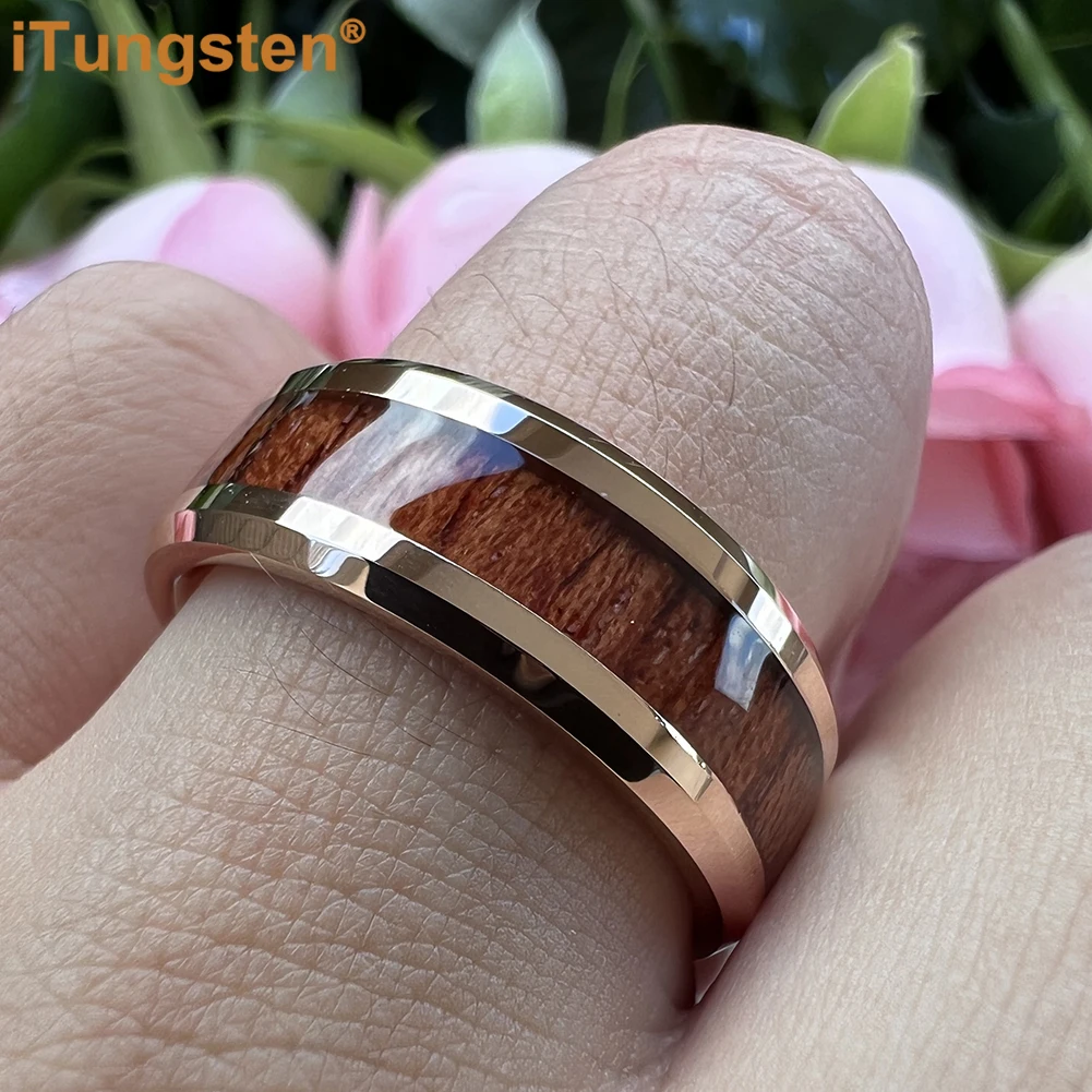 ITungsten 8mm Black Tungsten Carbide Ring for Men Women Engagement Wedding Band Rosewood Inlay Trendy Jewelry Comfort Fit