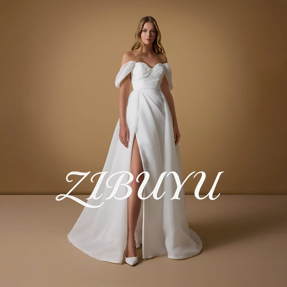 

ZIBUYU Customized Romantic Wedding Dress Off Shoulder Sweetheart Sleeveless Backless Elegant High Side Slit A-Line Bridal Gown