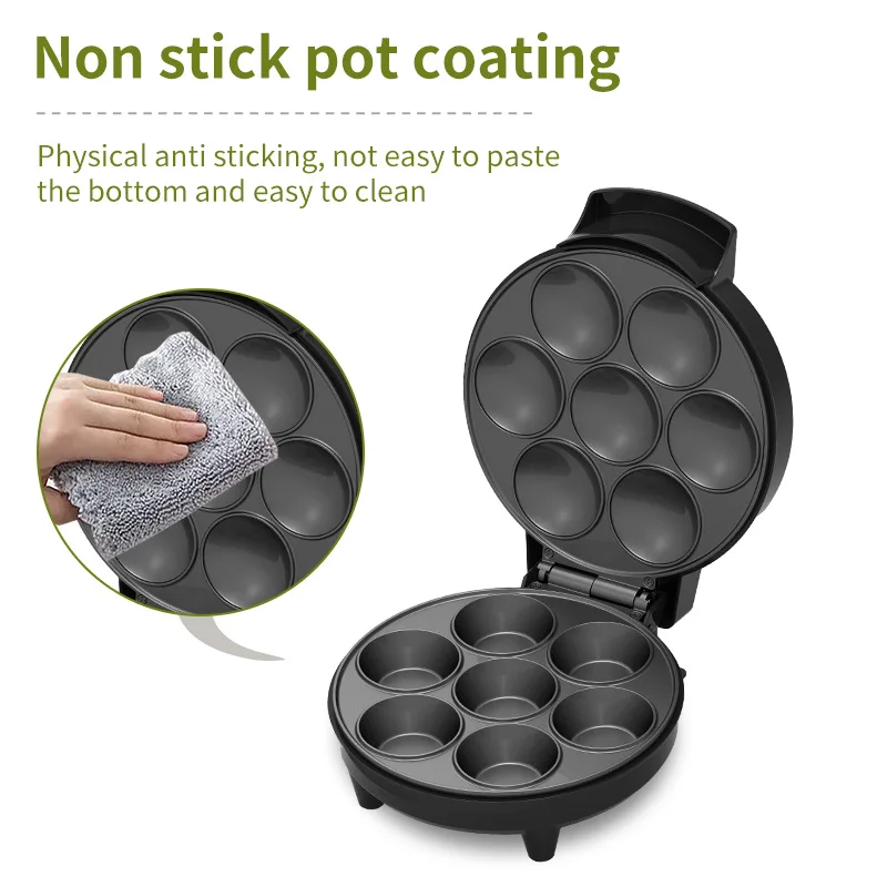 صانع كب كيك 1000 وات تسخين على الوجهين لـ 7 كب كيك، ماكينة صنع الكعك طلاء غير لاصق، أجهزة المطبخ، ماكينة طهي ذاتية الصنع