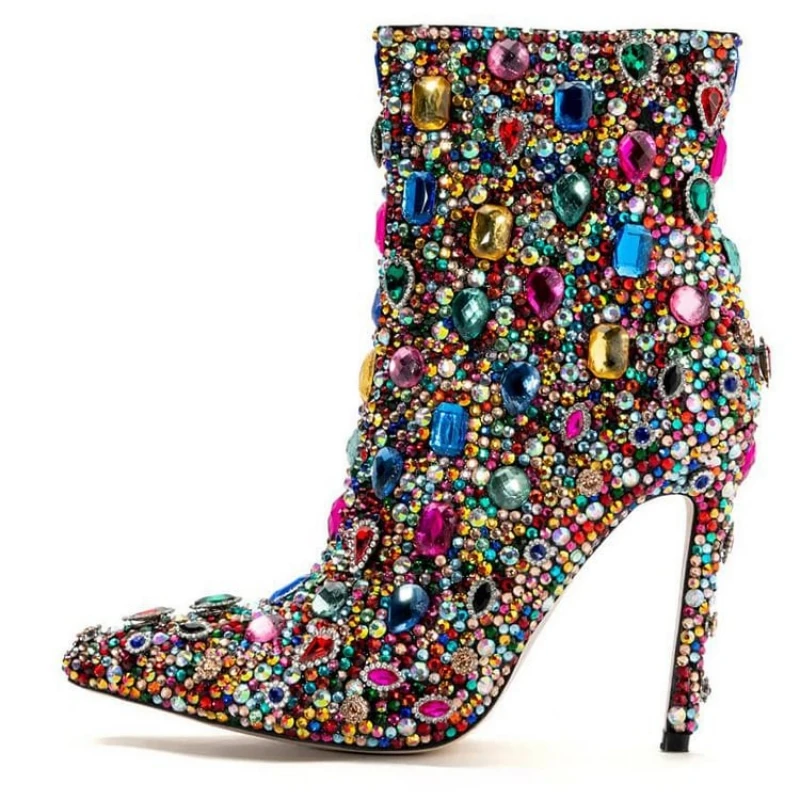 Luxury Multi Jeweled Stiletto Heels Ankle Bootie Women Pointed Toe Side Zipper Dress Party Runway Shoes Ladies Designer Footwear