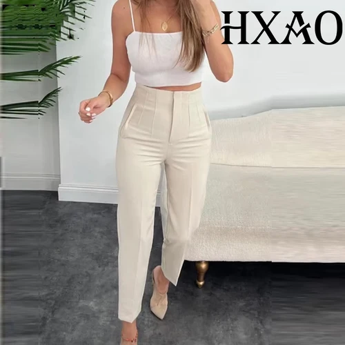 HXAO, pantalones para mujer, ropa de oficina, pantalones para mujer, pantalones casuales formales de cintura alta, pantalones recortados negros, rosas y blancos para primavera y verano 088