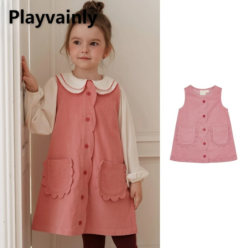 

Sweet Girls Sleeveless Princess Dresses Spring Autumn Pink Pocket Design Loose Vest Dress Fashion Cute Children Clothes W5242