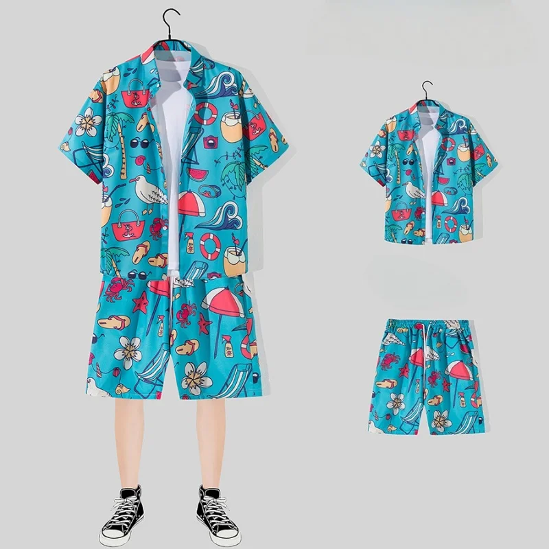 Summer Men's Seaside Vacation Travel Beach Suit Fashion Loose Casual Hawaiian Short Sleeve Floral Shirt Shorts Two Piece Set