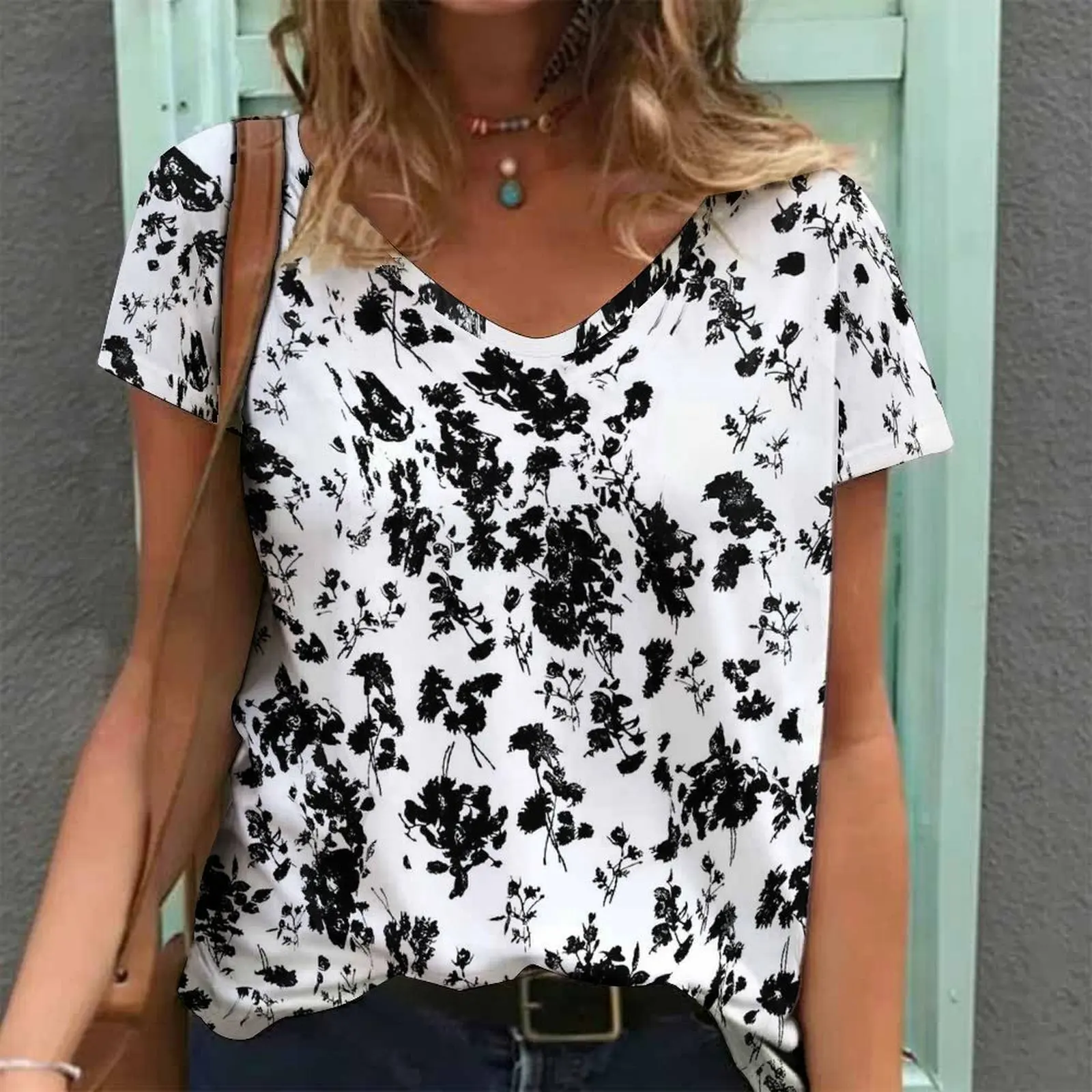 Women Print V Neck Short Sleeve Casual Loose Tunic Tops