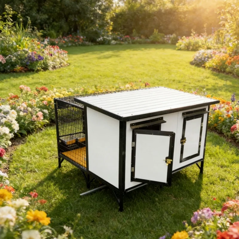 Collapsible Waterproof Pet Villa with Rotating Feeding Bowl and Pull-Out Toilet Easy Clean Wood & Stainless Steel All Seasons