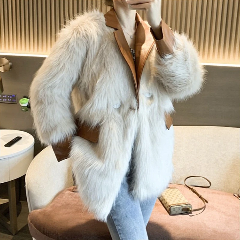 معاطف فرو الثعلب الصناعي سترات نسائية متوسطة الطول مقسمة بياقة مقلوبة وأكمام طويلة مزدوجة الصدر سميكة غير رسمية لخريف وشتاء 2025 #1