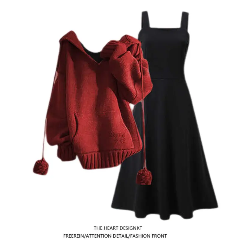 

Winter Fashion Women's Red Knitted Sweater And Dress Two-Piece Set Slimming Waist Design Long Sleeve Flip Collar Long Pants