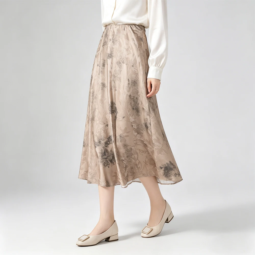 2026 Women's Casual Summer Clothing Light Luxury 100% Natural Mulberry Silk Jacquard Satin Light Brown Blending Slant Cut Skirt