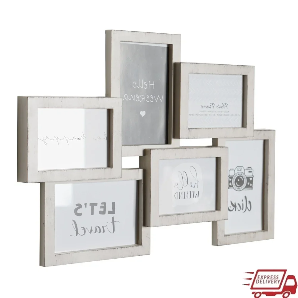

Distressed White Photo Collage Frame Rustic Home Decor Family Memories Holds 6 Photos 12.5x18 Inches