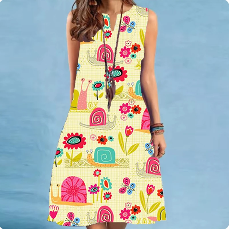 Nuevo vestido de verano para mujer, pintura al óleo, estampado floral, patrones, cuello en V, sin mangas, tocado, vestidos de fiesta hasta la rodilla para mujer