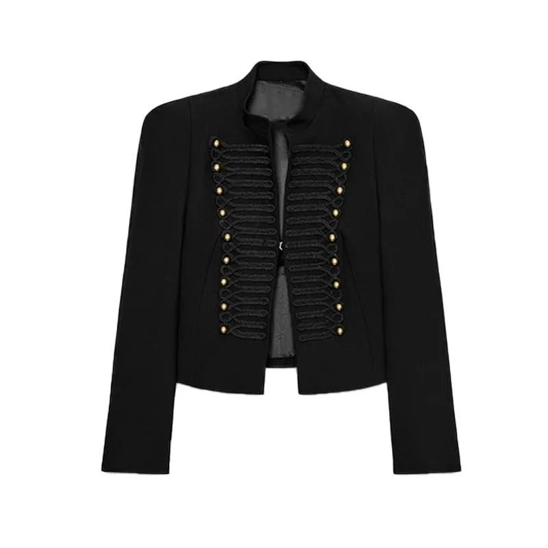 Elegant Women's Cropped Black Napoleon Jacket Shoulder Pads Stand