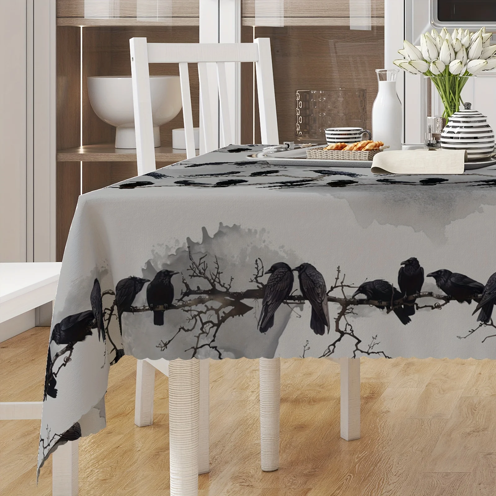 1 piece, Halloween tablecloth, Raven branch theme round tablecloth, black and gray rectangular tableclothzyc