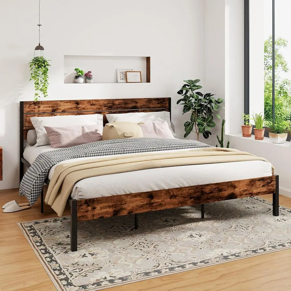 

King Size Metal Platform Bed with Storage and Slatted Support, Rustic Brown