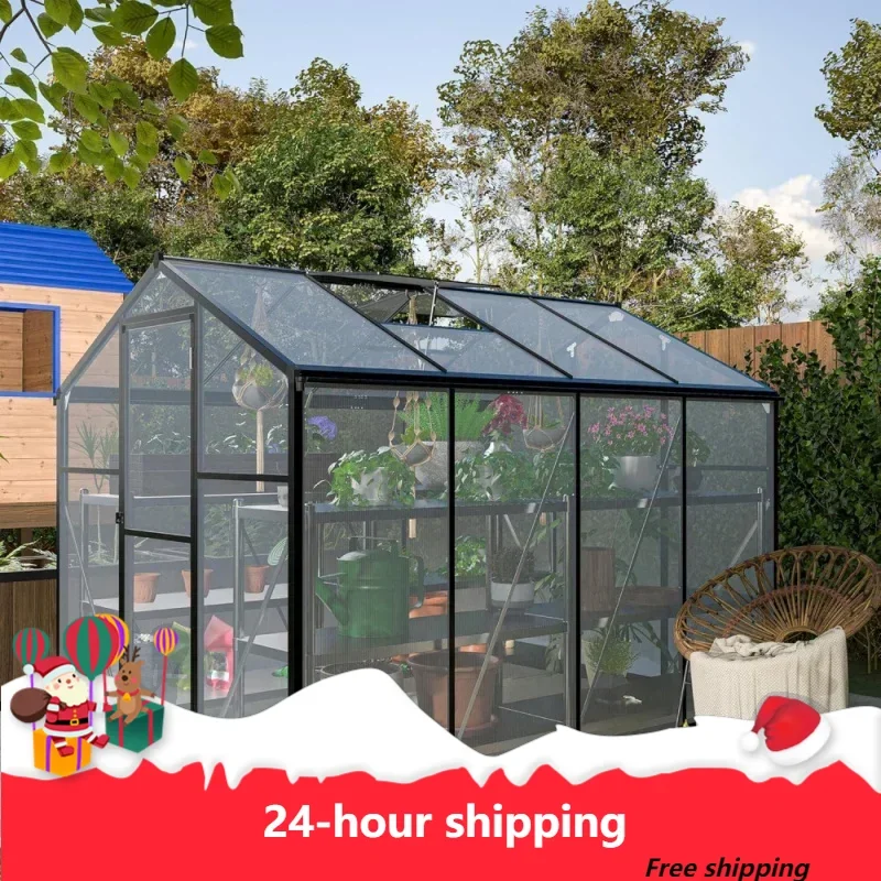 8x6 FT Greenhouse For Outdoors, Polycarbonate Walk-In Garden Green House With Sliding Door, Adjustable Roof Vent ＆ Rain Gutter