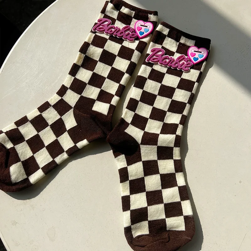 New Kawaii Cute Barbie Socks Cotton Socks Stereoscopic Letter Socks Retro Checkerboard Soft Sports Socks Fashion Gifts for Girls