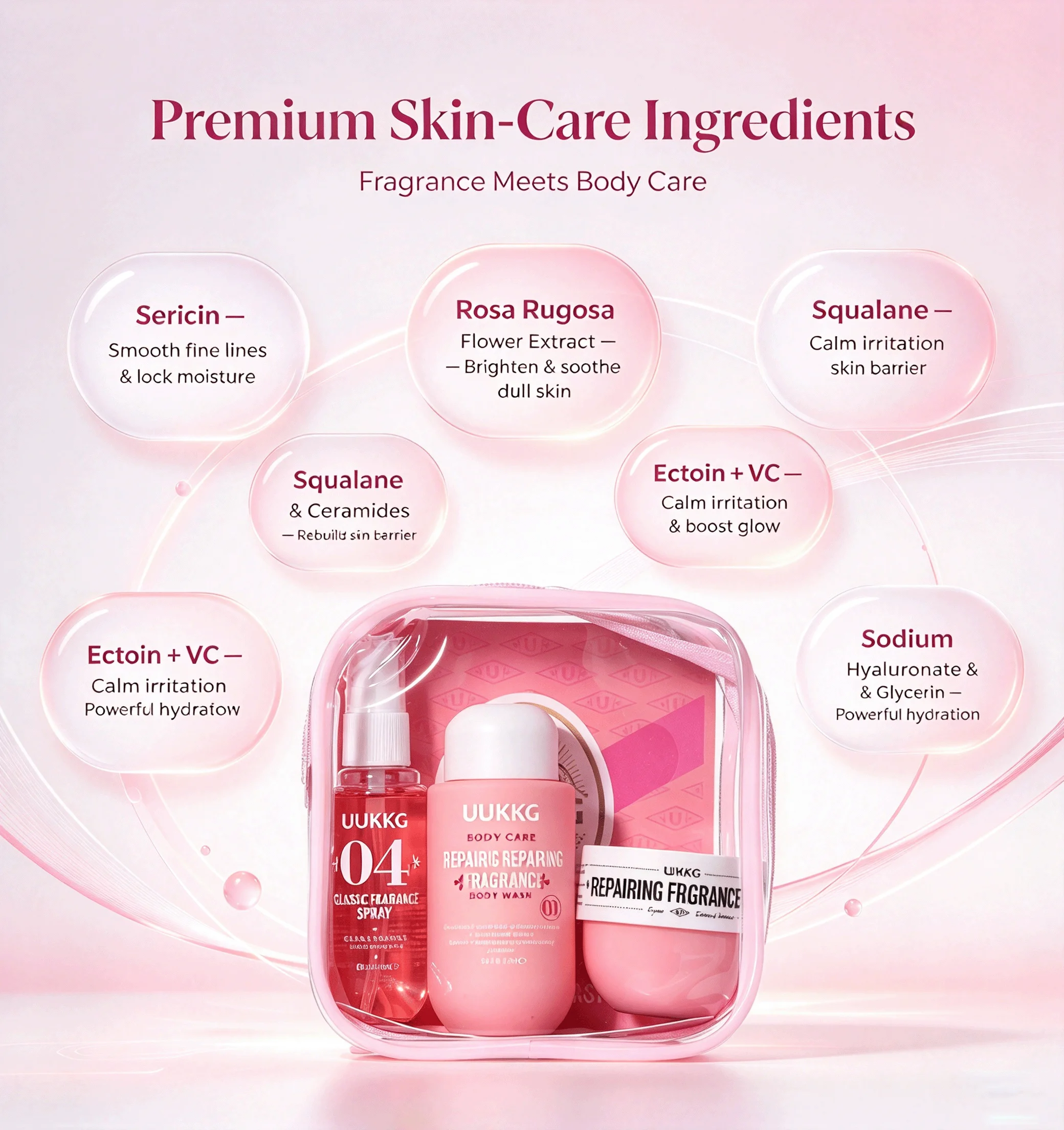 UUKKG 3 Pcs Luxury Fragrance Travel Kit Body Wash Body Lotion Fragrance Spray Portable Toiletries Set for Travel Gym Hotel Gifti