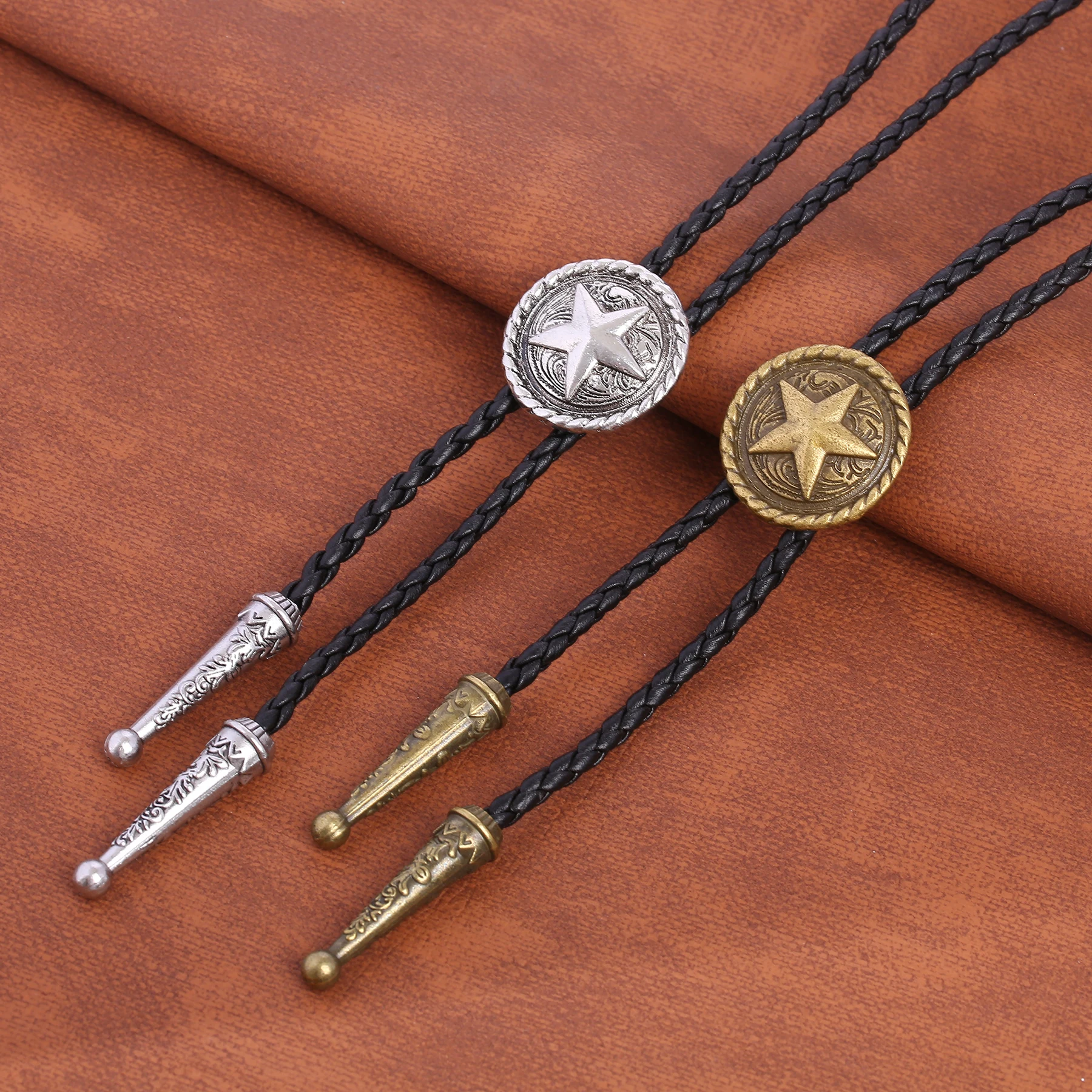 Bolo tie Gold and silver color The latest retro chain Pentagram round card Poirot tie rope leather necklace Long tie hang