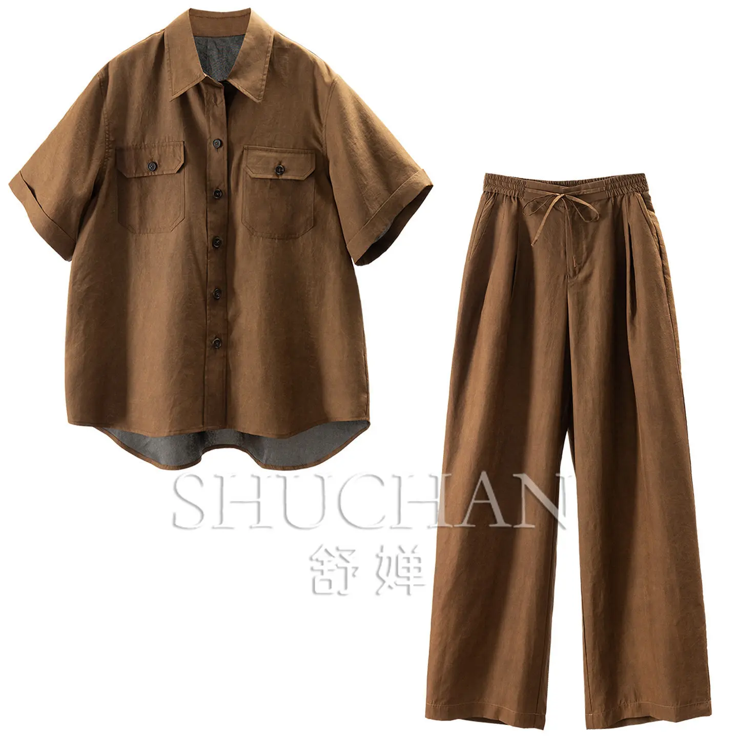 Caramel Brown Silk Fragrant Cloud Yarn Shirt + High Waist Wide Leg Pants Women's 11X1 Two Piece Sets Womens Outifits