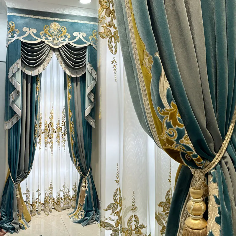 Custom European high villa Velvet thick luxury living embroidered blue cloth blackout curtain tulle valance drape M1736