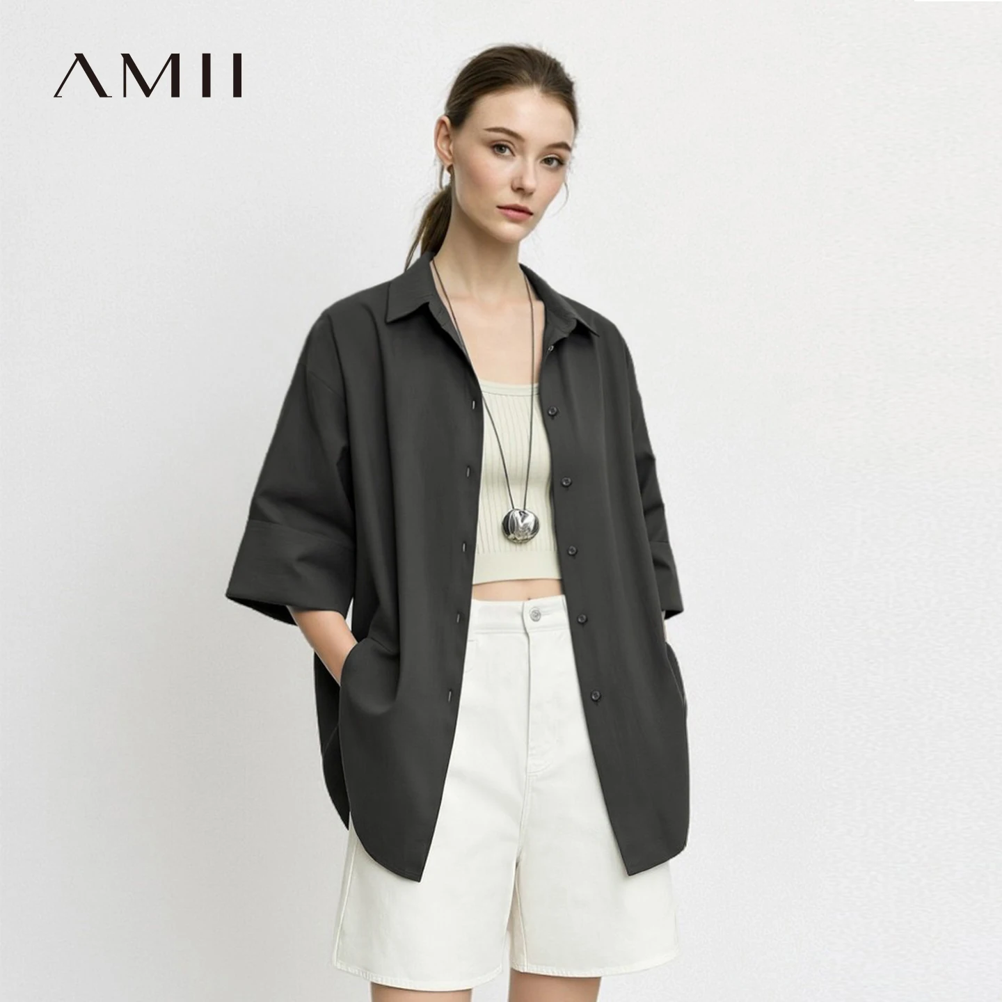 

Amii Women's Shirt 2026 Summer New Cotton Lapel Collar 3/4 Sleeve Blouse Simple Office Casual Tunic Shirt For Woman 12612038