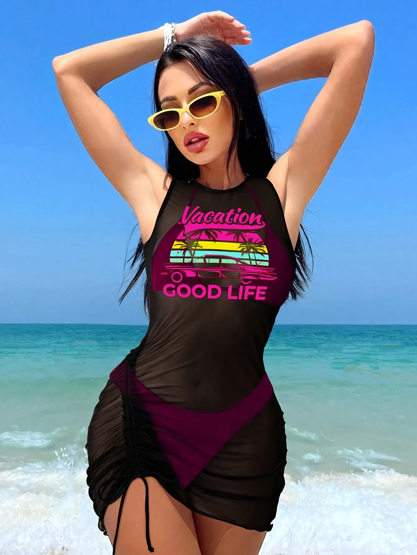 ชุดว่ายน้ำแยกชิ้นผ้าตาข่ายสีดำพิมพ์ลายแฟชั่นเซ็กซี่สำหรับผู้หญิงปี 2026 พร้อมลายกราฟิก “Vacation Good Life” และผ้าคลุมรัดรูป