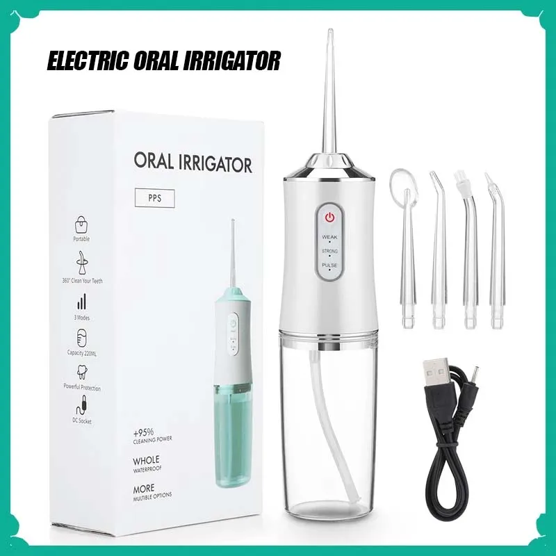 Portátil Dental Água Flosser, Irrigador Oral, USB Recarregável, Água Jet Floss, Tooth Pick, 4 Jet Tip, 220ml, 3 Modos, Dentes Cleaner, Novo