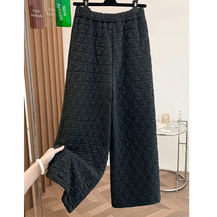 بنطلون نسائي شتوي كاجوال دافئ فضفاض كبير الحجم واسع الساق من القطن خفيف الوزن بنمط ماسي مستقيم القطع #2