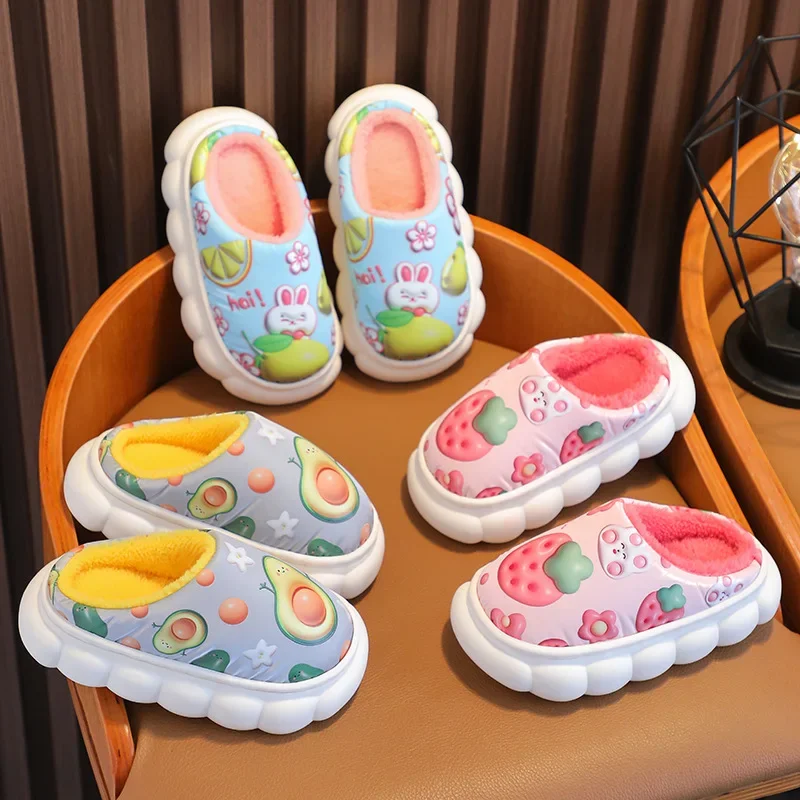 Children Slippers Winter PU Waterproof Leather Cotton Slippers Girls Warm Home Shoes Indoor Children Plush Slippers