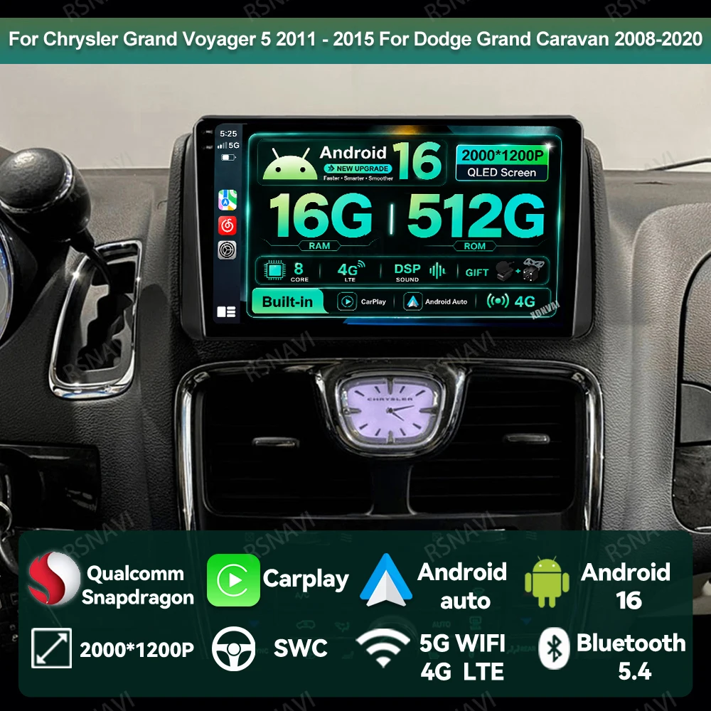Rádio Automotivo Android 16 para Chrysler Grand Voyager 5 2011 - 2015 para Dodge Grand Caravan 2008-2020 Unidade Central Multimídia BT GPS QLED