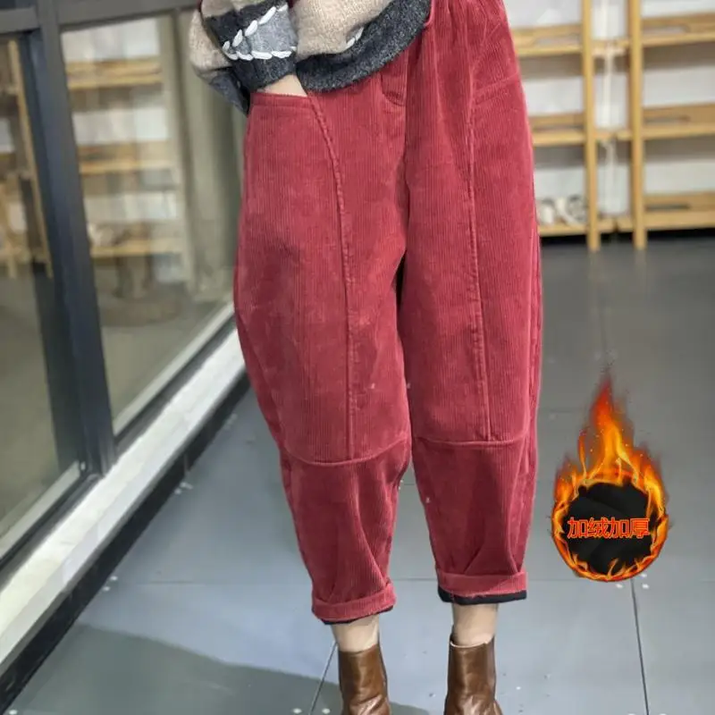 Inverno artístico moda plus size calças femininas retro solto emagrecimento veludo rabanete calças popular pai minimalista calças casuais