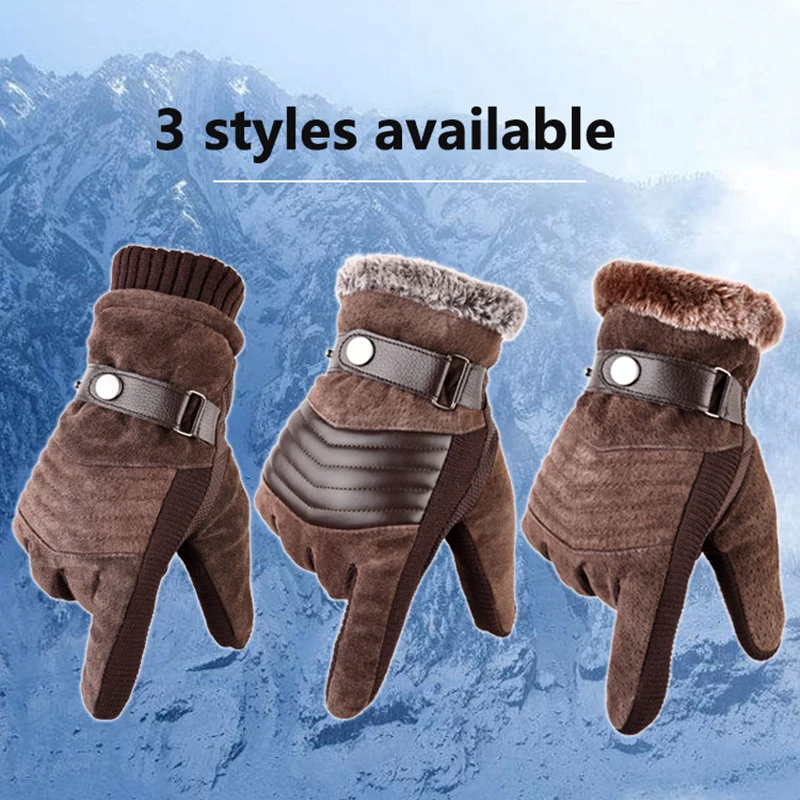 Guantes cálidos de invierno con pantalla táctil para hombre, guantes informales de cuero, mitones para deportes al aire libre, guantes con dedos completos