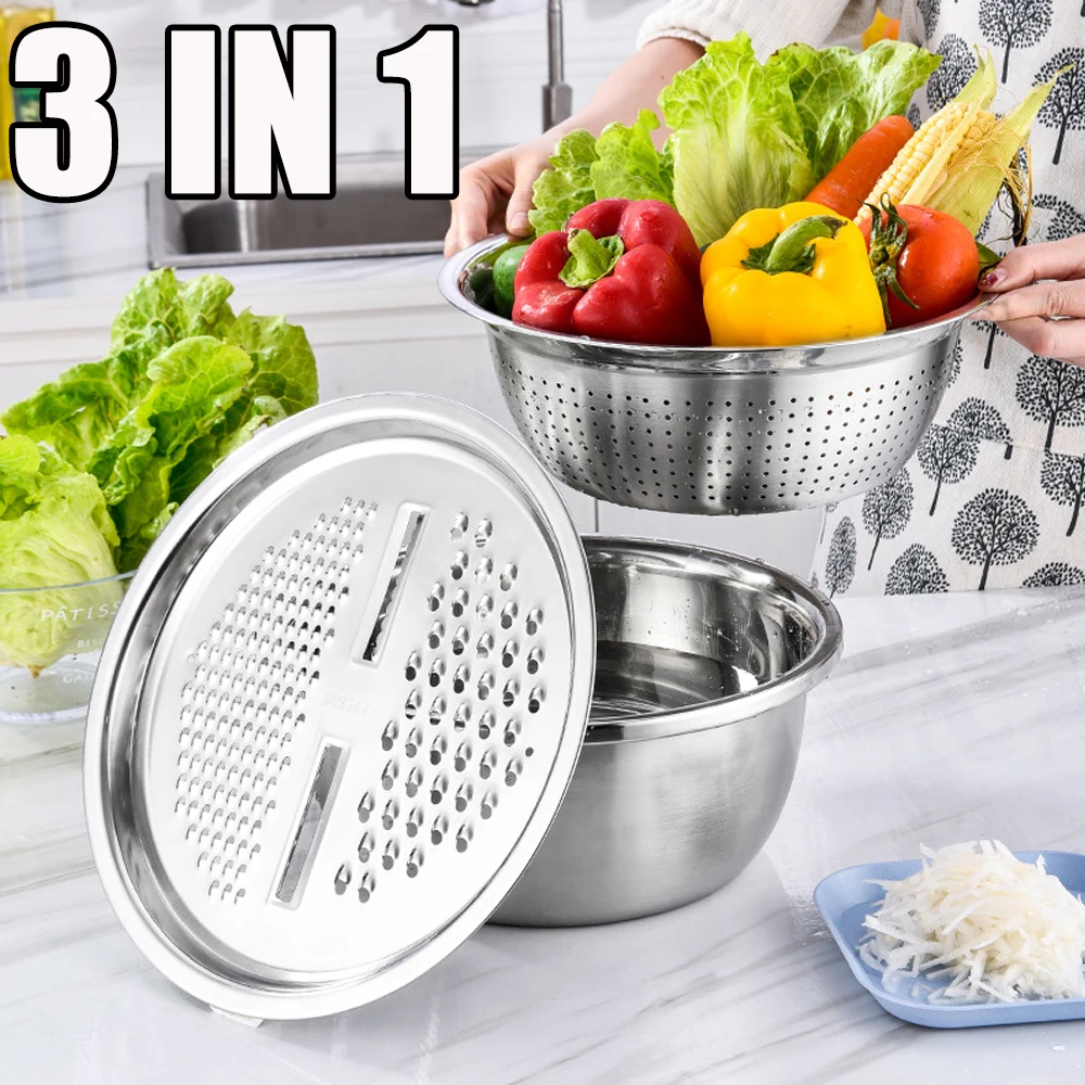 3PCS/1Set Vegetable Slicer, Stainless Steel Slicer, Potato Slicer, Vegetable Washing Basin, Drain Basket, Multifunctional