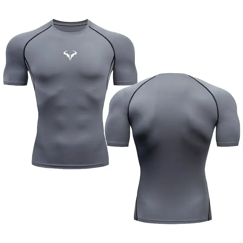 Men\'s Sports Running T-Shirt Fitness Short T-shirt Quick Dry Work Out Gym Tights Muscle Compression Clothing Top S-3XL