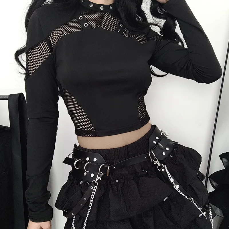 Techwear Cyber Gothic Fishnet Patches T-shirts Punk Grunge Hollow Out Skinny Crop Tops Black Eyelet Fashion Alt Clothe