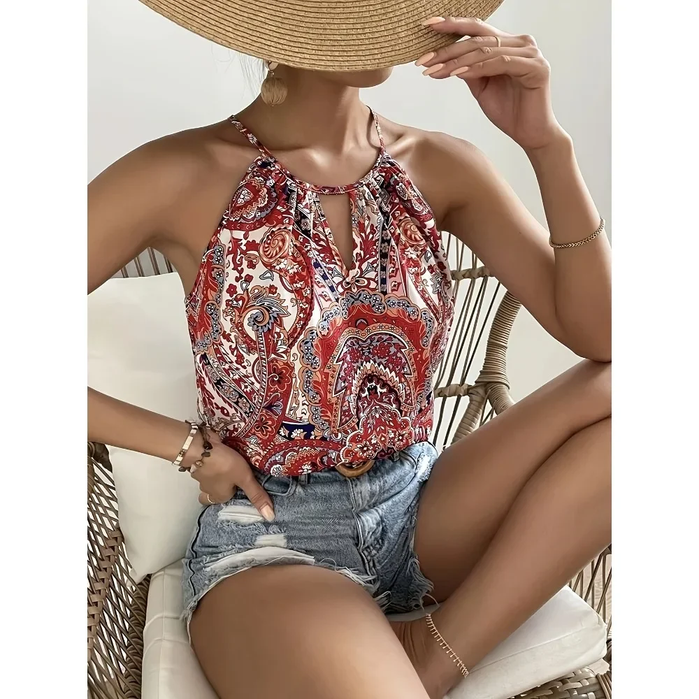 Women Printed Halter Neck Sleeveless Tank Top Button Front Sexy Chic Flattering Breathable Casual Daily Streetwear Comfy