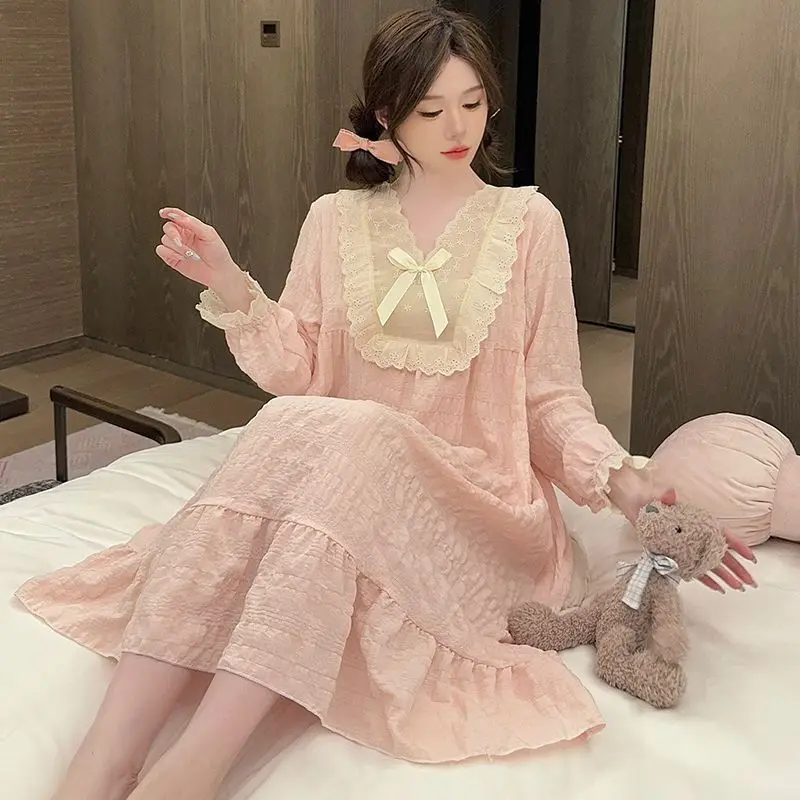 

Весенне-осенняя новая корейская милая ночная рубашка с длинными рукавами, женская тонкая леопардовая пижама в стиле принцессы, домашняя одежда, ночная рубашка, платье