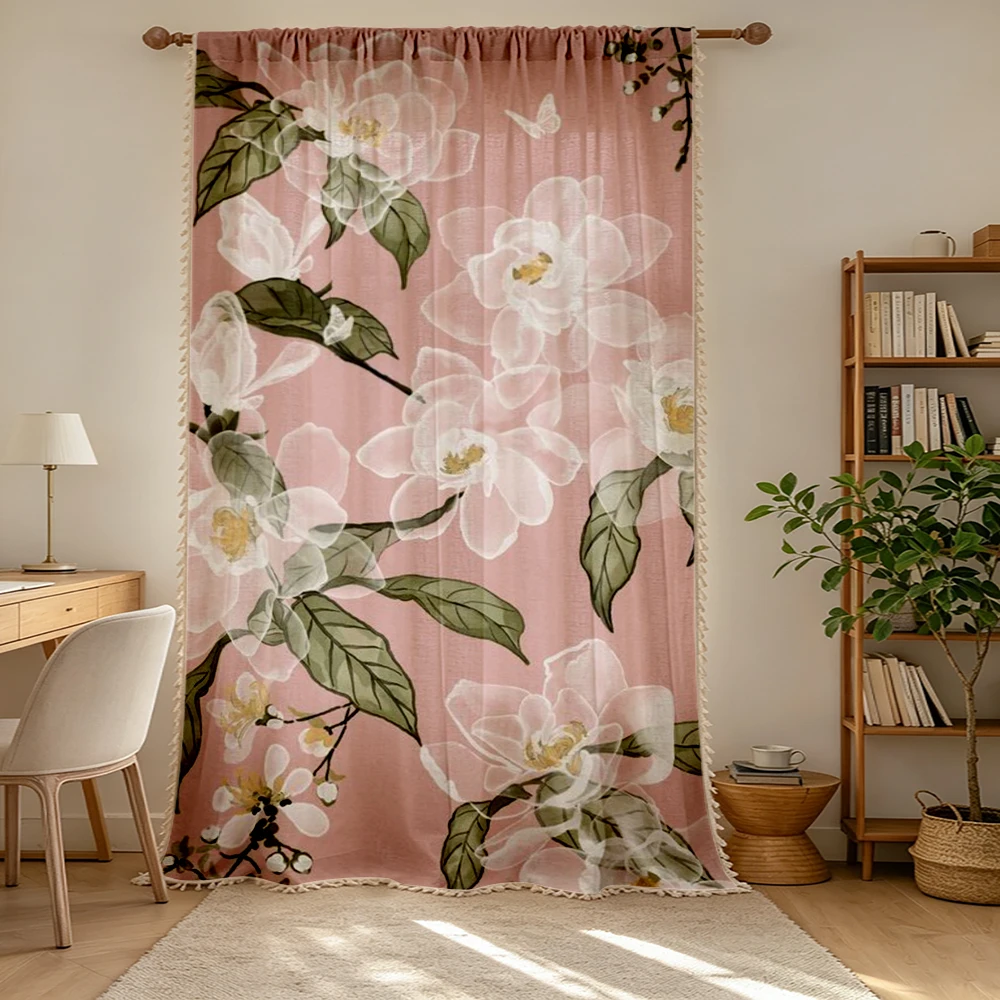 1PC Vintage Tassel Sheer Curtains, Pink Large Floral, Digital Print, Polyester, Bedroom Living Room, Rod Pocket, Home Decor
