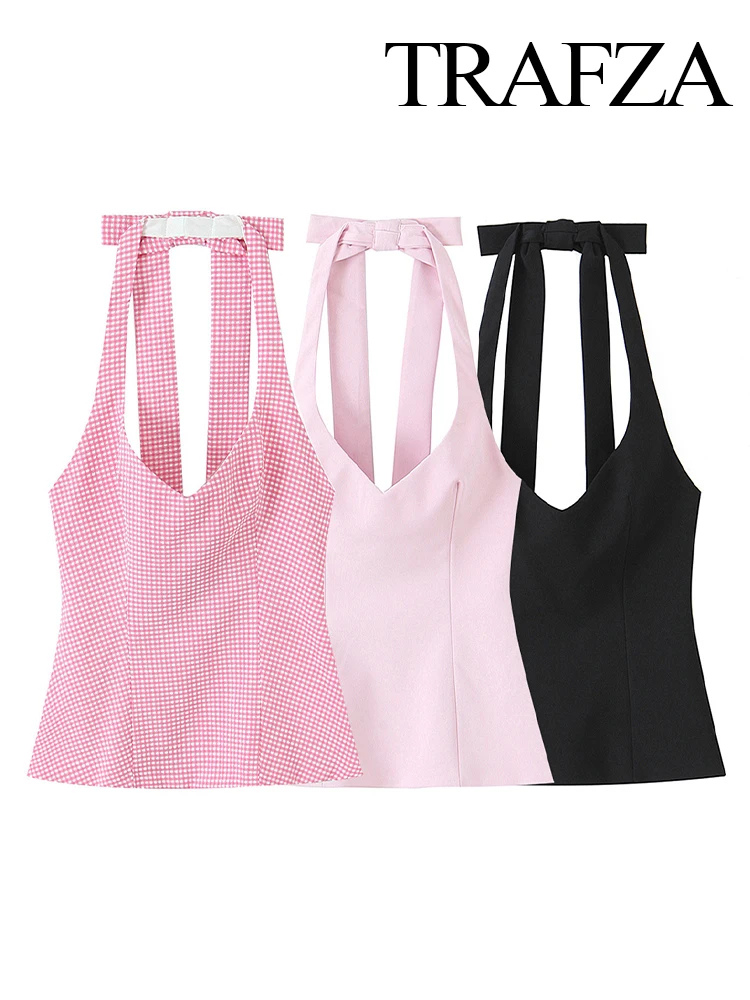 

HH Women's Fashion Casual Sleeveless Backless Vest Summer Woman Sexy Bow Neck Halter Solid Polka Dots Elegant Slim Tops