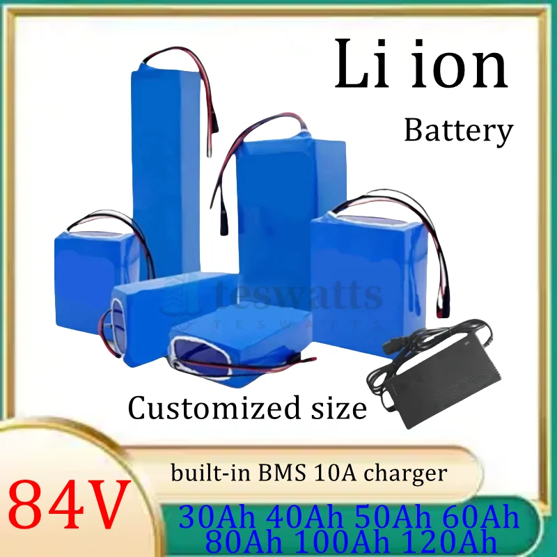 Lithium Ion Battery 84V BMS for 4000W 5000W Inverter Motorcycle Golf Cart 50Ah 30Ah 100Ah 60Ah 80Ah with 10A Charger