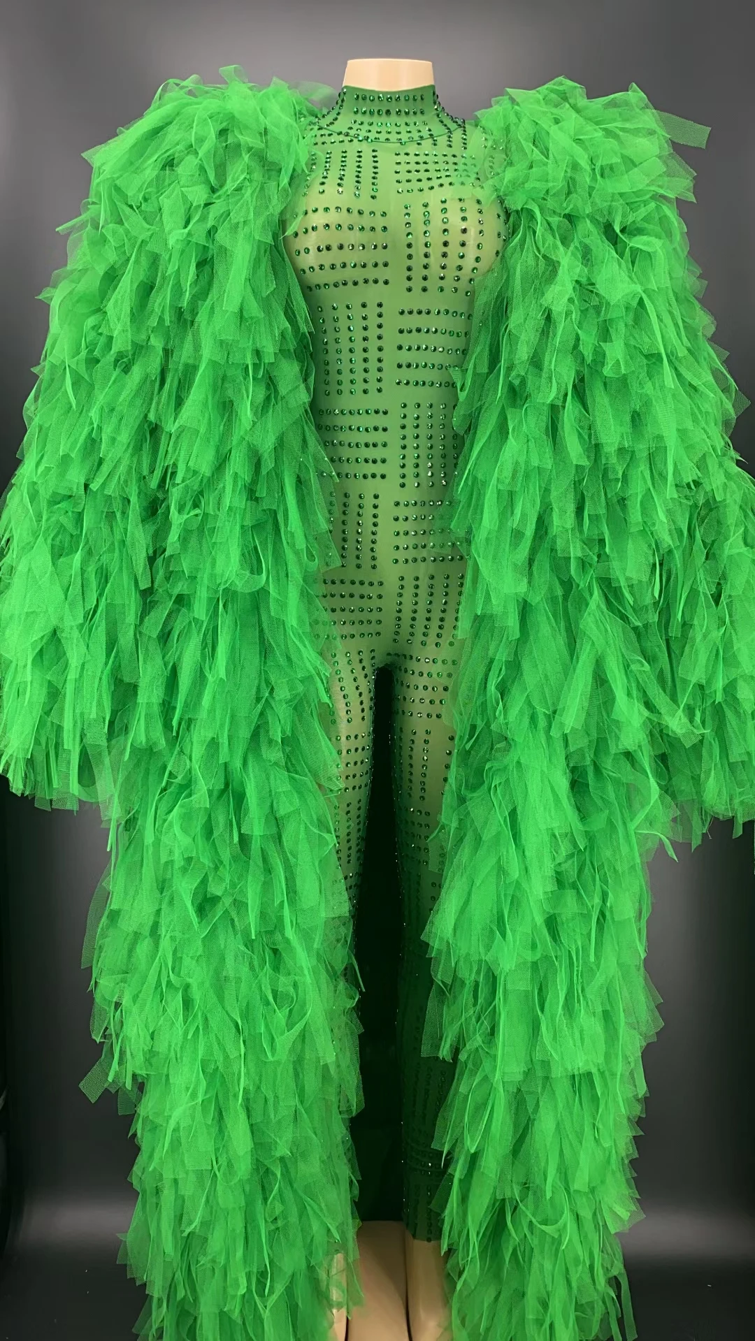 See Through Mesh Sparkly Green Rhinestone Jumpsuit Coat Suit Bar Club Stage Performance Wear Night Out Dress-up Outfit Lvchangku