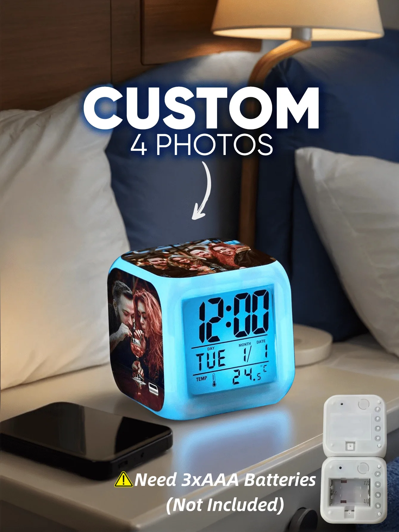 Custom Photo Alarm Clock Colorful LED 4 Pictures Bedroom Decor Gift For Couple Family Valentine Mother Father Birthday Him Her