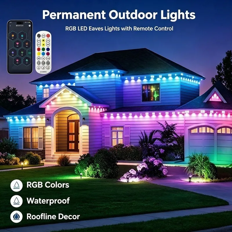 Outdoor Permanent LED Lights, RGB Color Changing Eaves Lights with Remote Control, Waterproof Holiday Decor