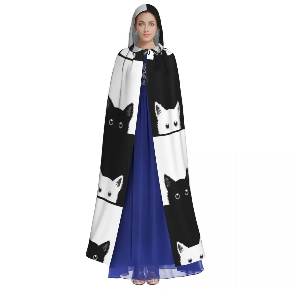 Black White Cat Chess Board Hooded Polyester Unisex Witch Cape Costume Accessory