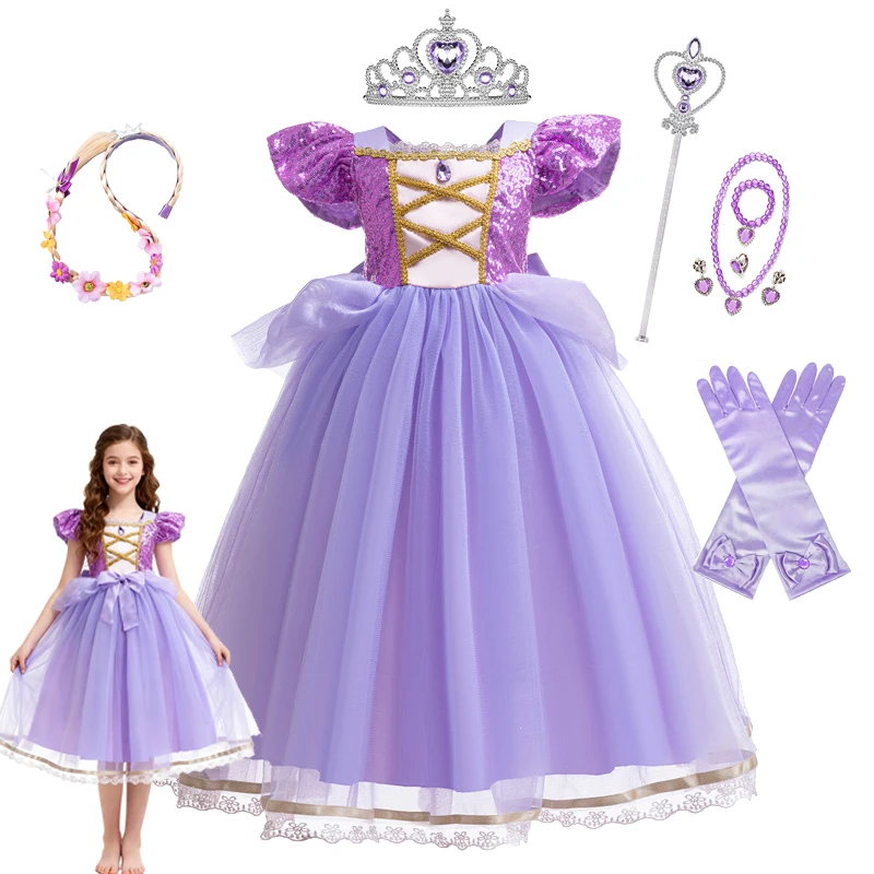 Mädchen Prinzessin Kleid Kinder Kostüm Puffy Rock Cinderella Ballkleid Karneval Party Langes Kleid Lila Pailletten Kleidung Geschenk